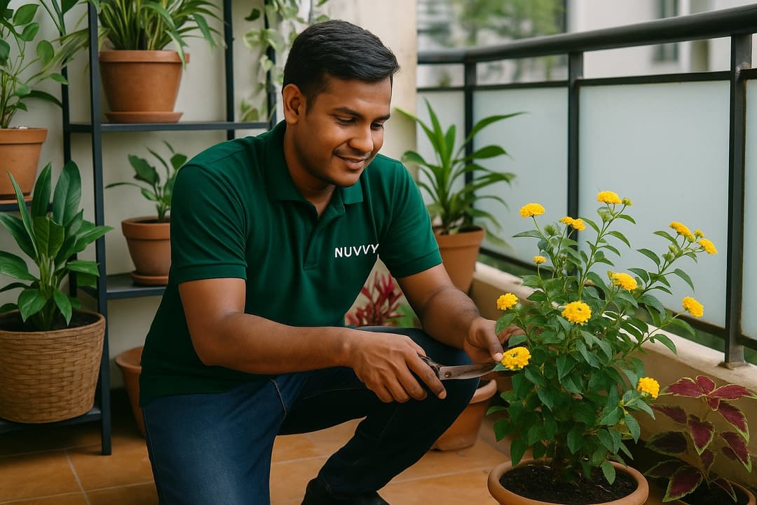Professional Nuvvy gardener maintaining balcony plants