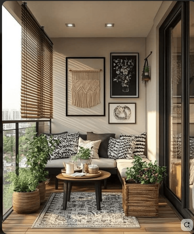 Lush balcony transformation with seating